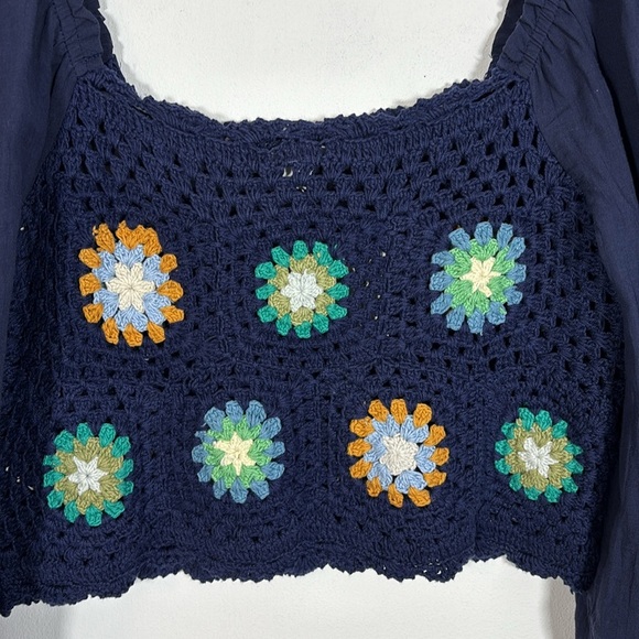 Aerie Peasant Crop Top Cotton Crocheted Granny Square Medium Navy Cottage core - Picture 8 of 9